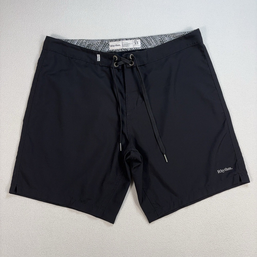 Rhythm 7" Boardshorts Men's 33 Black Zip Pocket Unlined Drawstring Spellout Logo